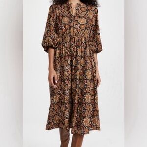 Mille Celeste Brown Midi Dress with Puff Sleeves